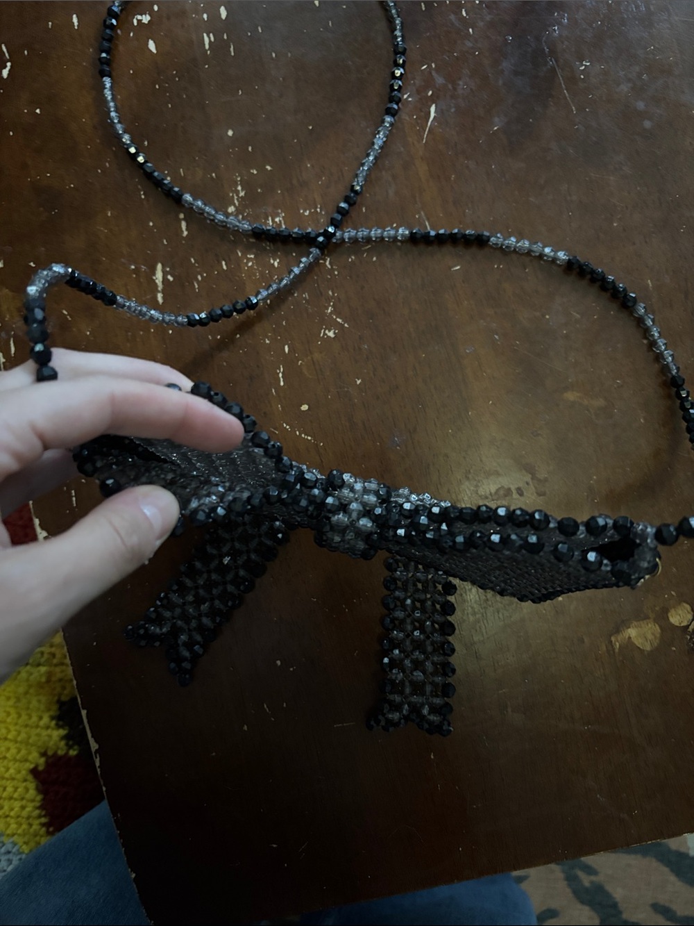 Susan Alexandra Black Beaded Bow Bag with Long Strap - Picture 4 of 4